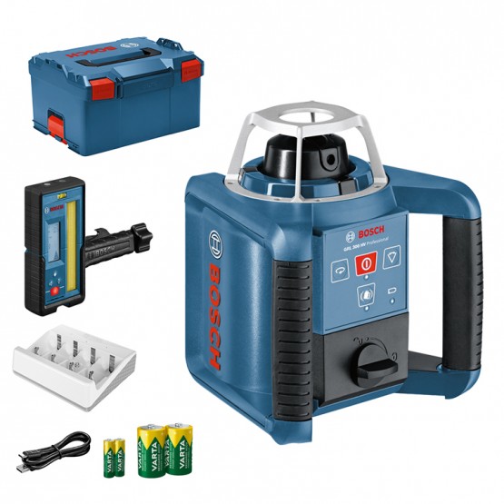 Ротационен лазерен нивелир Bosch GRL 300 HV + LR 45, 635 nm, 300 м, с приемник, батерии, зарядно и куфар 