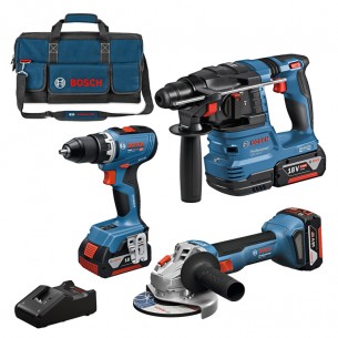 Комплект акумулаторни инструменти Bosch GBH 18V-22, GWS 18V-8 и GSR 18V-65, 18 V, 4 Ah, с батерии, зарядно и чанта Комплект акумулаторни инструменти Bosch GBH 18V-22, GWS 18V-8 и GSR 18V-65, 18 V, 4 Ah, с батерии, зарядно и чанта