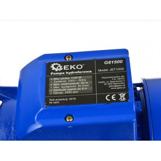 Самозасмукваща водна помпа GEKO JET100S, 1100 W, 45 m, 60 l/min, 1"