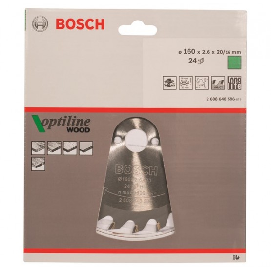 Диск за циркуляр Bosch Optiline Wood / 160 x 20/16 x 2.6 mm, 24/