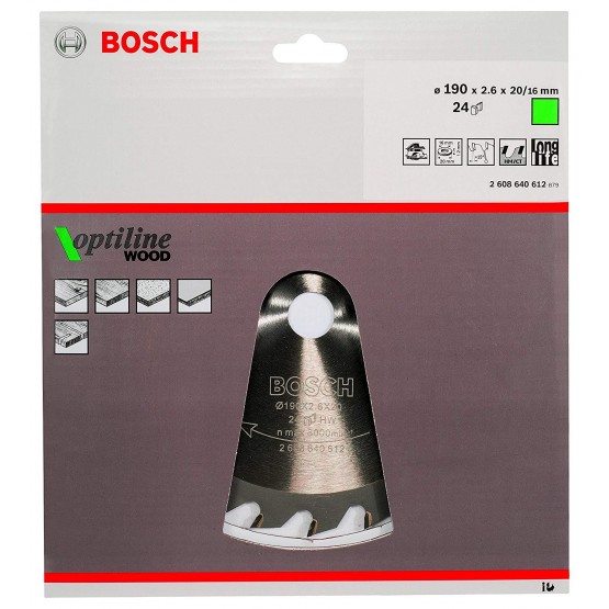 Диск за циркуляр Bosch Optiline Wood, 190x20/16x2.6 мм, 24 зъба