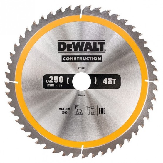 Циркулярен диск за дърво Dewalt DT1957 диаметър 250 х 30 мм, 48 зъба