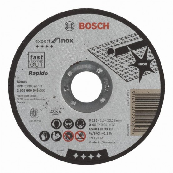 Диск за рязане за инокс 115 мм 1 мм BOSCH Professional Rapido AS 60 T INOX BF 2608600545