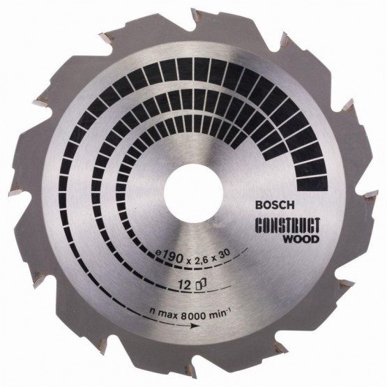 Циркулярен диск за дърво 190x30x2.6 мм 12 зъба BOSCH Professional Construct 2608640633