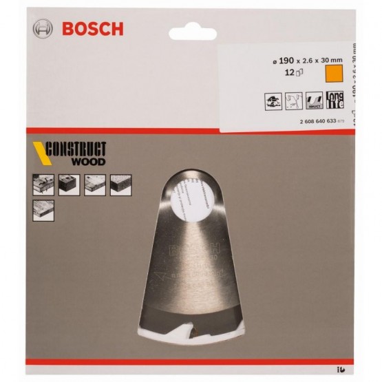 Циркулярен диск за дърво 190x30x2.6 мм 12 зъба BOSCH Professional Construct 2608640633