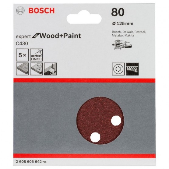 Шкурка за ексцентършлайф 5 бр. 125 мм P80 BOSCH Professional C430 2608605642