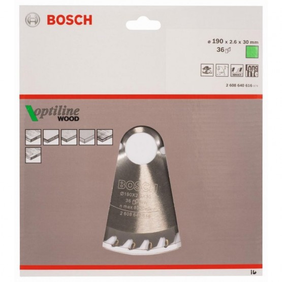 Циркулярен диск за дърво 190x30x2.6 мм 36 зъба BOSCH Professional Optiline 2608640616