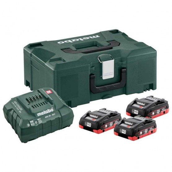 Комплект акумулаторни батерии и зарядно Metabo, 3 x LiHD 18 V/4.0 Ah, Charger ASC 30-36, в куфар