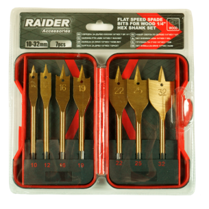 Комплект плоски свредла за дърво Raider, 1/4" HEX, 7 броя