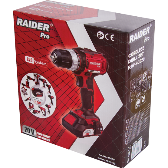 Акумулаторна бормашина RAIDER RDP-SCD20 Set от серията R20 System, 20 V, 44 Nm, 13 мм, комплект с батерия 1.5 Ah и зарядно устройство